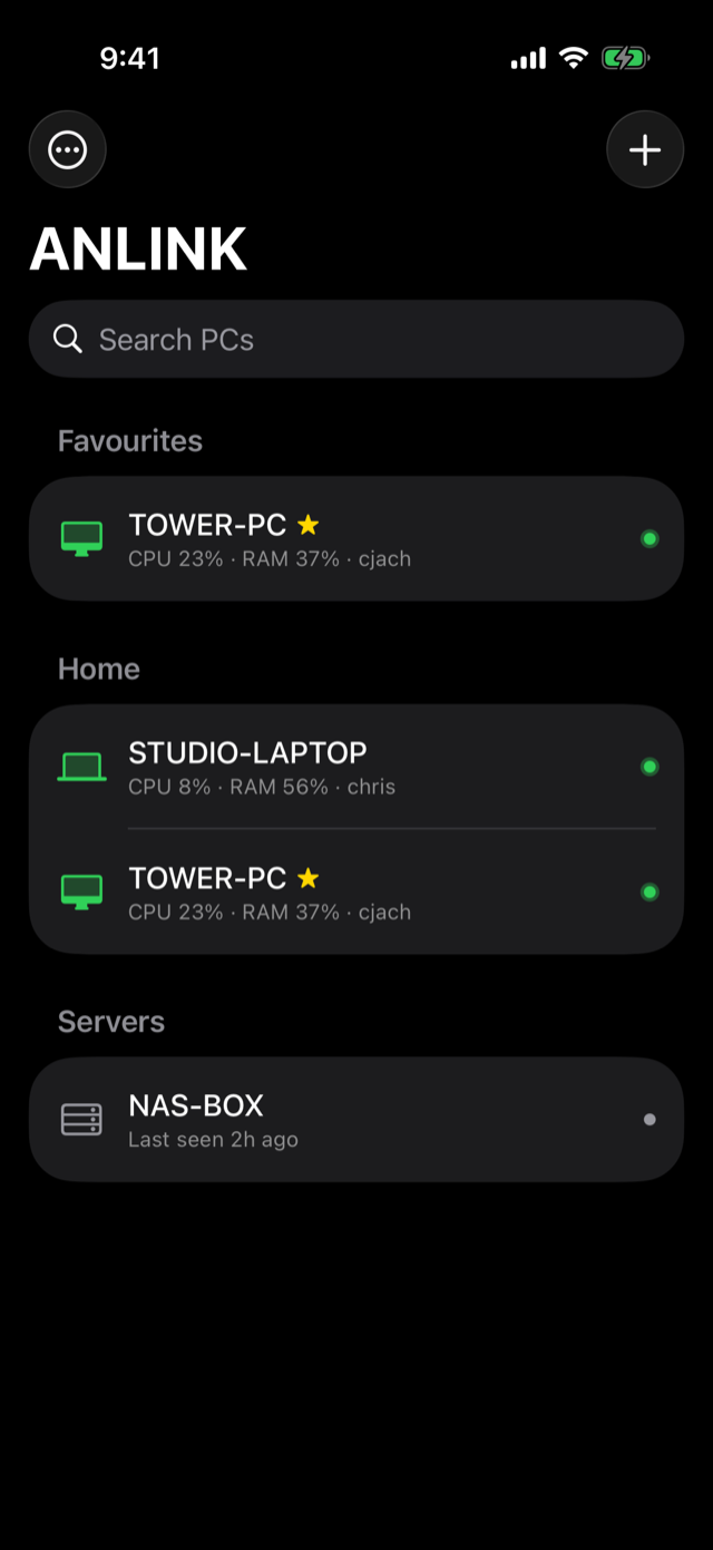 ANLINK device list: TOWER-PC under Favourites, STUDIO-LAPTOP and TOWER-PC under Home, NAS-BOX under Servers with a last-seen time.