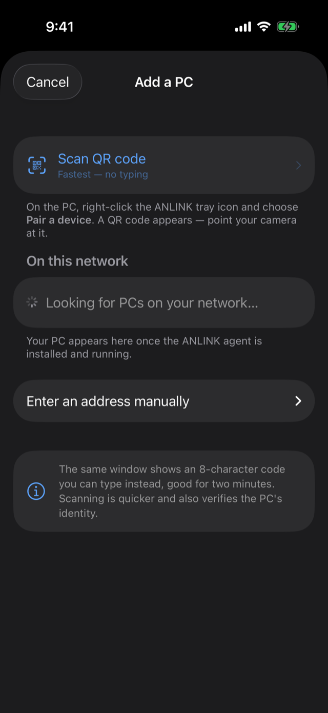 The ANLINK Add a PC screen: scan a QR code, a list of PCs found on the network, and an option to enter an address manually.